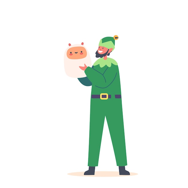 Cute Playful Christmas Elf Holding Kids Toy Santa Claus Helper In Green Costume And Beard Happy New Year Merry Xmas