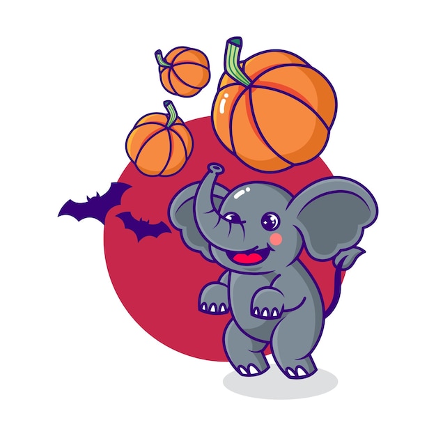 Cute and playful halloween theme elephant cartoon character with bats and pumpkins
