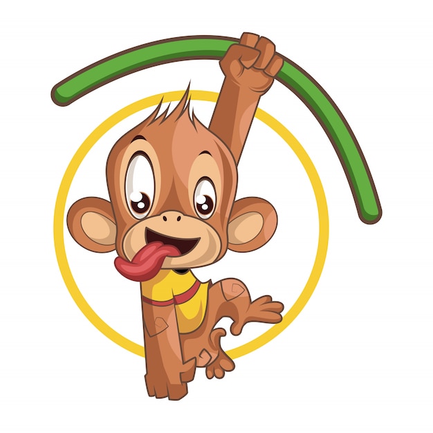 Vector cute playful monkey hanging on branch