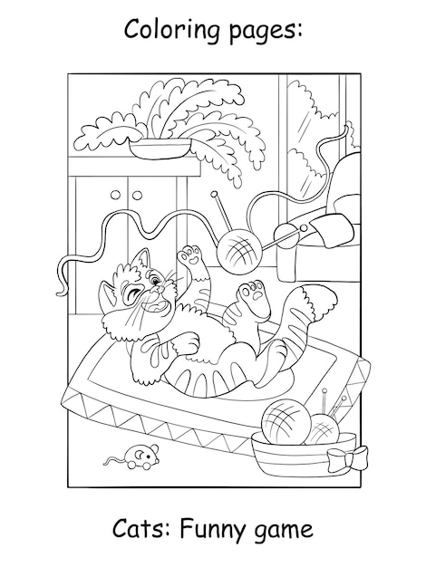 Cute playing kitten kids coloring book page