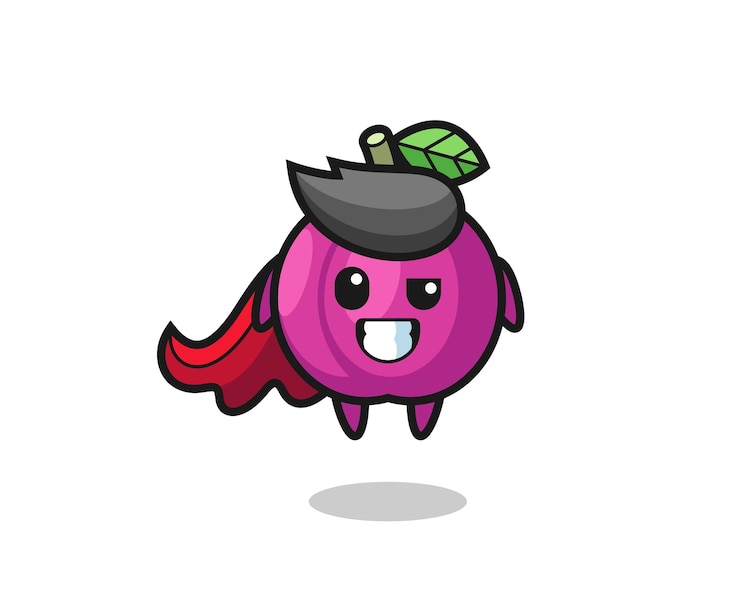 Vector the cute plum fruit character as a flying superhero