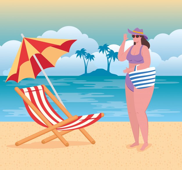 Cute plump woman in swimsuit in the beach, chair and umbrella, summer season