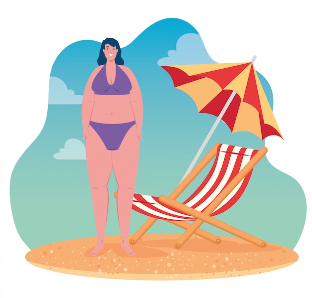 Vector cute plump woman in swimsuit in the beach, chair and umbrella, summer season