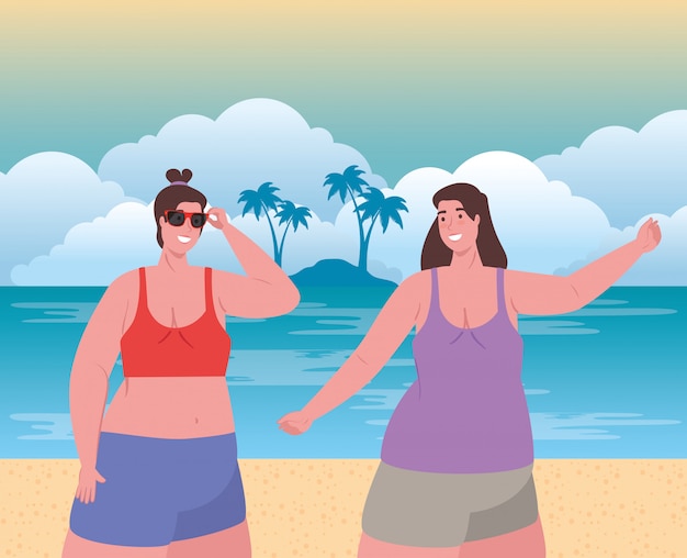 Vector cute plump women with swimsuit on the beach, group friends on the beach, summer vacation season