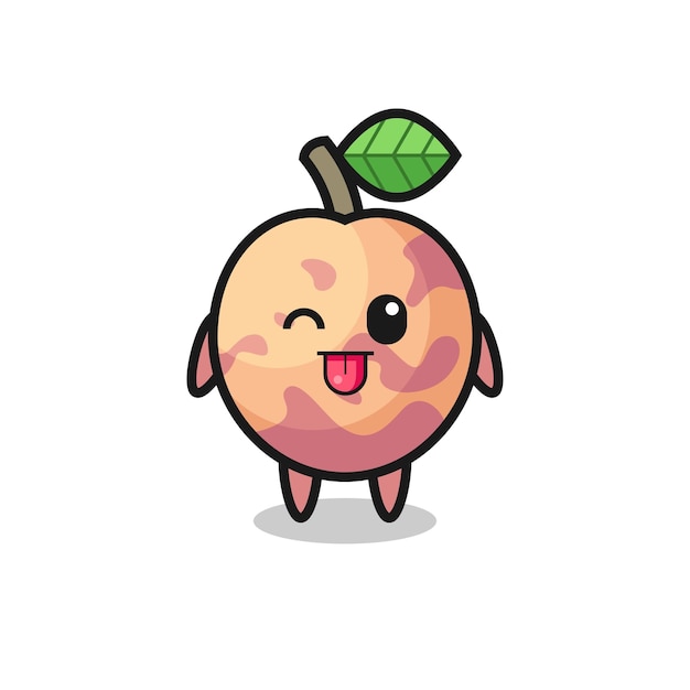 Cute pluot fruit character in sweet expression while sticking out her tongue