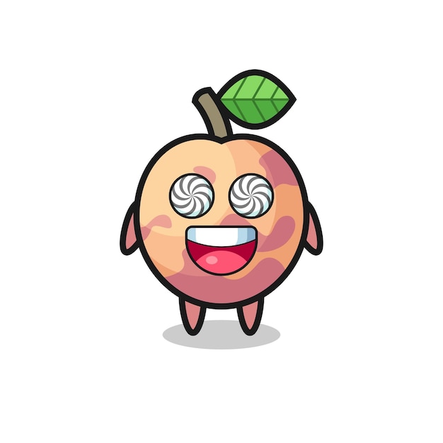 Cute pluot fruit character with hypnotized eyes