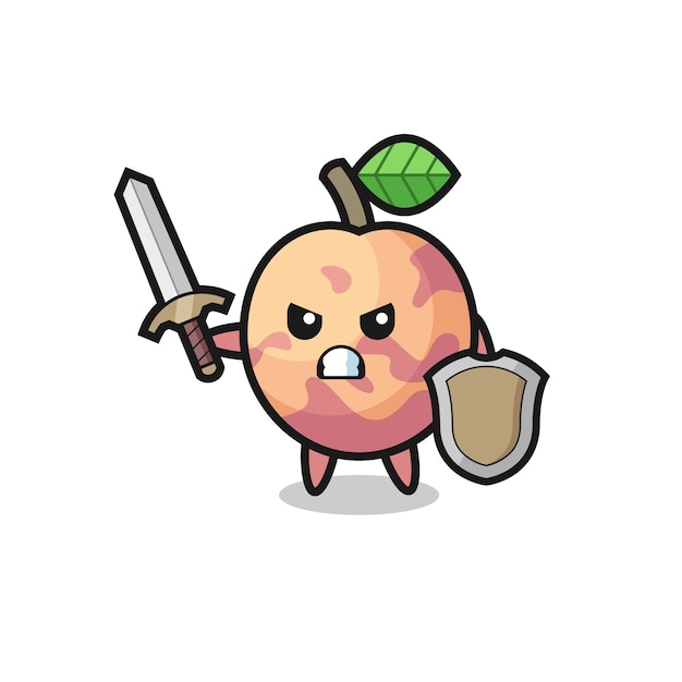 Cute pluot fruit soldier fighting with sword and shield , cute style design for t shirt, sticker, logo element