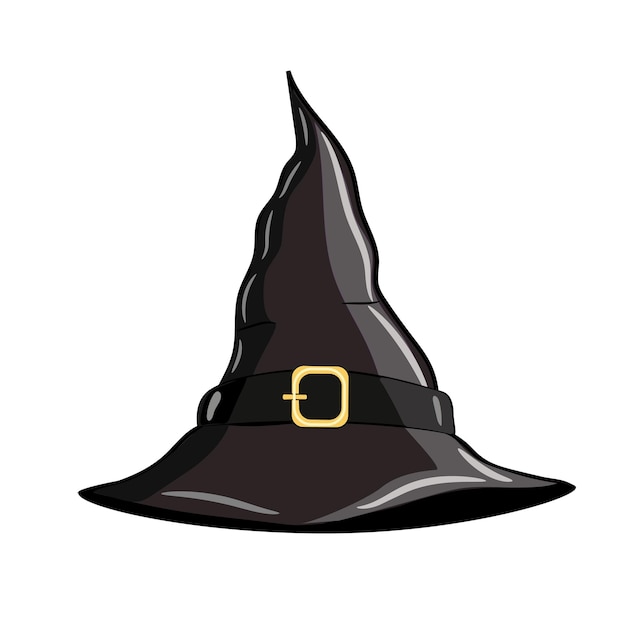 Симпатичная остроконечная черная шляпа ведьмы с золотой пряжкой на белом фоне