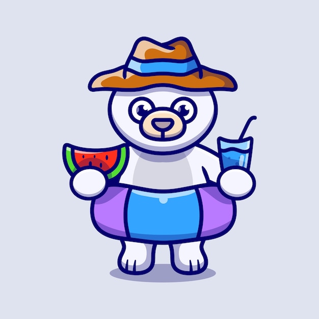 Cute polar bear in beach hat with swim rings carrying watermelon and drink