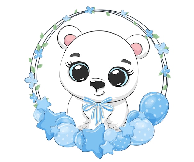 Cute polar bear boy and a festive wreath. Cartoon vector illustration.