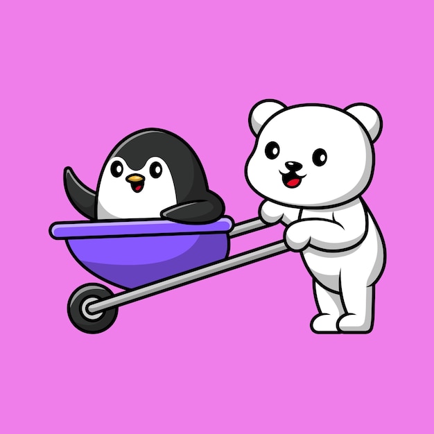 Cute Polar Bear Bring Penguin With Trolley Cartoon Vector Icon Illustration