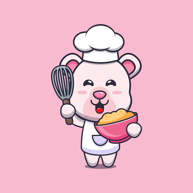 cute polar bear chef mascot cartoon character with cake dough