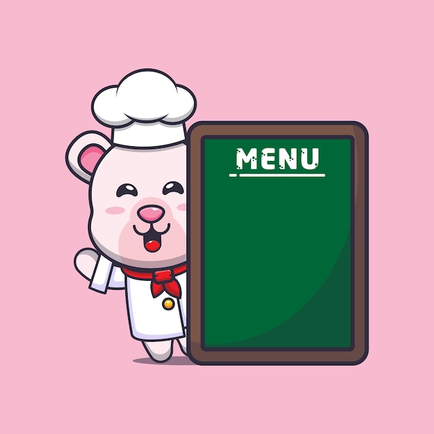 Милый полярный медведь шеф-повар талисман мультипликационный персонаж с доской меню