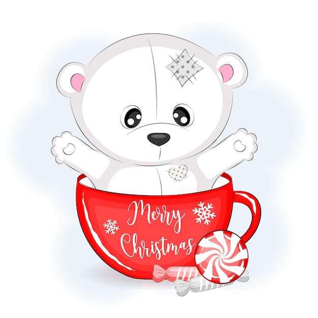 Cute polar bear in a cup vector Christmas illustration