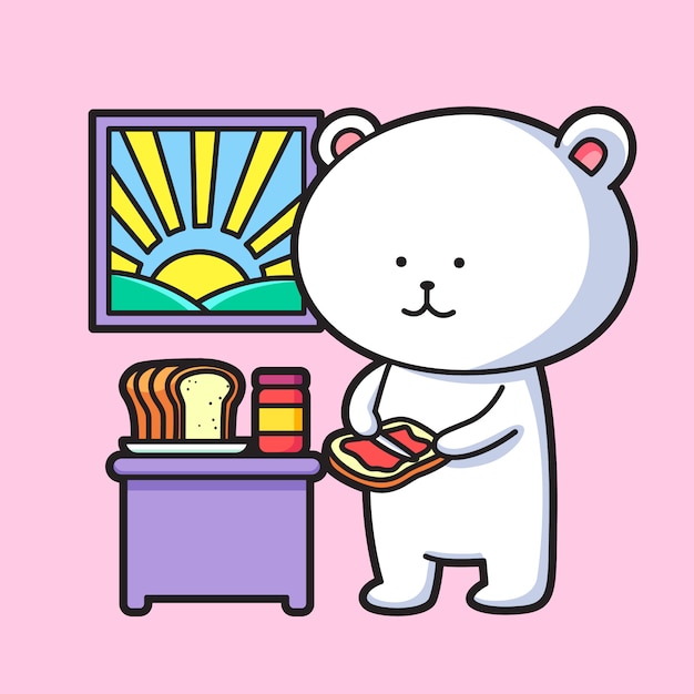 Vector cute polar bear eating bread