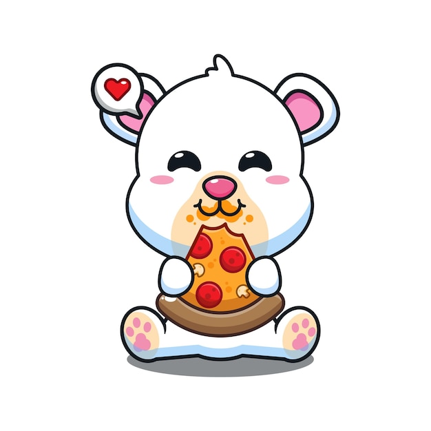 cute polar bear eating pizza cartoon vector illustration