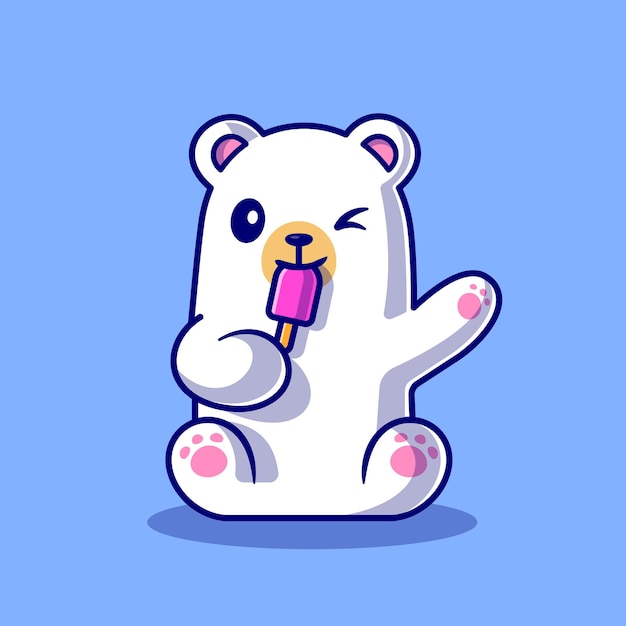 Милый белый медведь ест мороженое эскимо иллюстрации шаржа. плоский мультяшном стиле