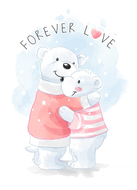 Cute polar bear family hugging illustration