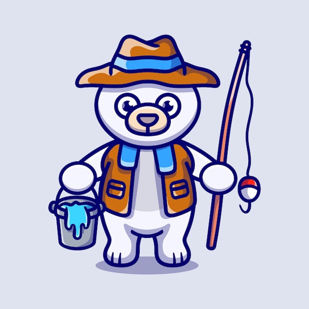 Cute polar bear fisherman cartoon illustration