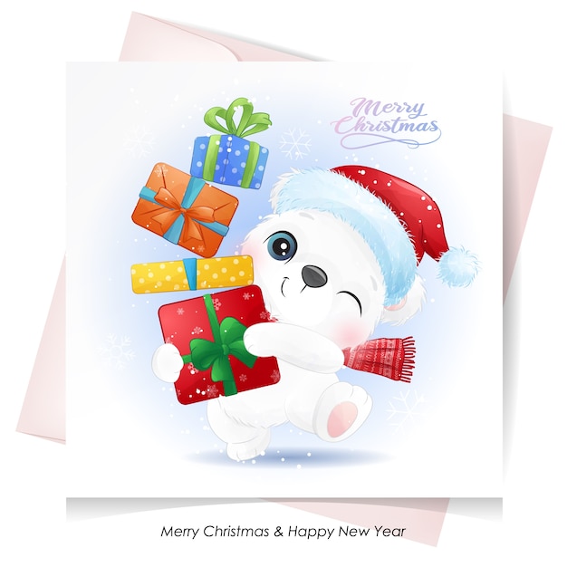 Милый белый медведь на рождество с акварельной открыткой