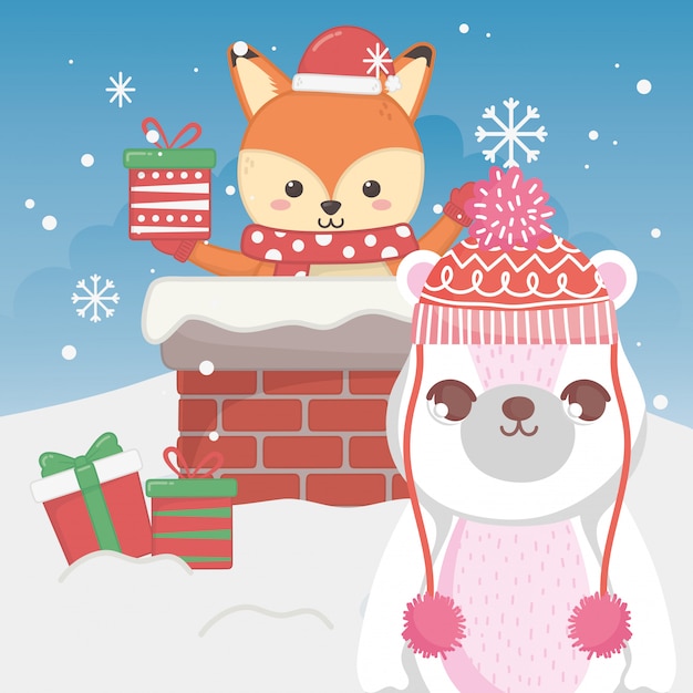 Cute polar bear and fox with gift in the chimney merry christmas