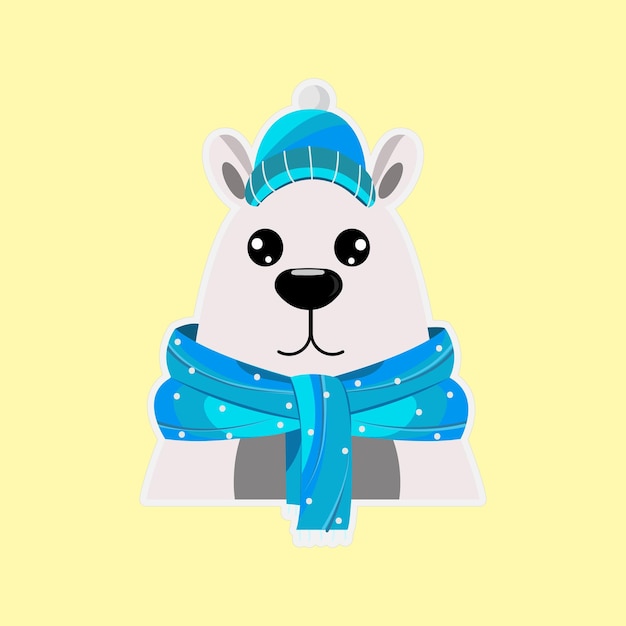 Vector cute polar bear in hat with scarf against yellow background