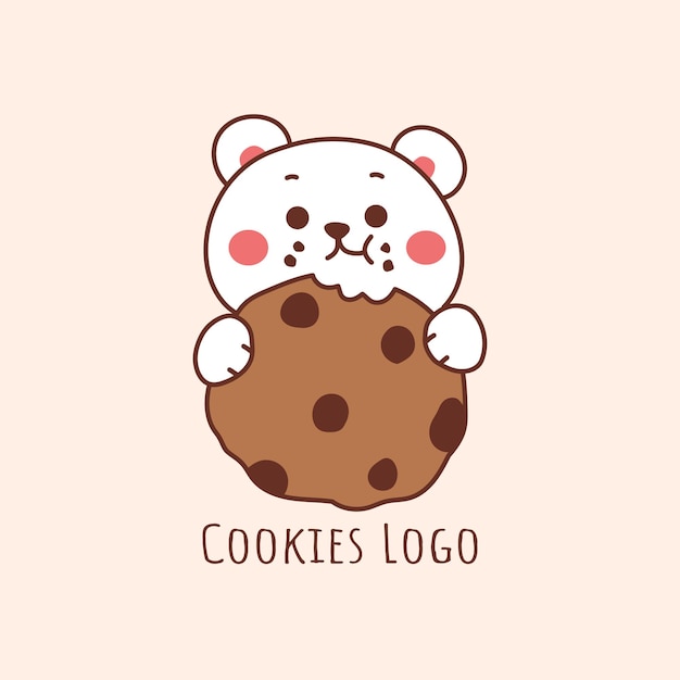 cute polar bear holding and eating cookie. logo cartoon