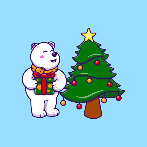 Vector cute polar bear holding gift box cartoon vector icons illustration flat cartoon concept