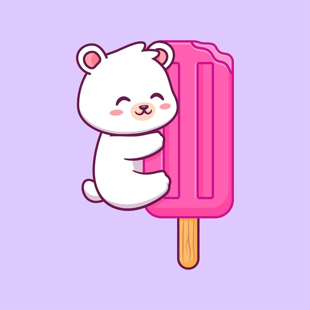 Vettore simpatico orso polare che tiene il ghiacciolo gelato cartoon icona vettore illustrazione cibo animale isolato