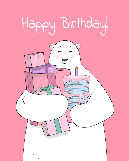 Cute polar bear holds a birthday cake with gifts greeting card happy birthday in winter