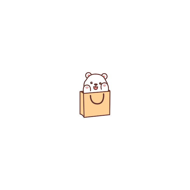 Симпатичный белый медведь в бумажной сумке с мультяшной векторной иллюстрацией