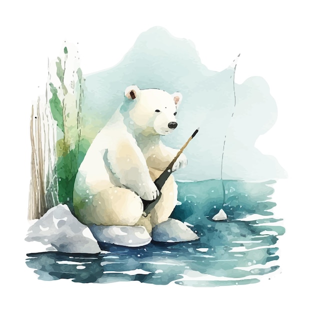 cute polar bear is fishing outdoor funny cartoon watercolor illustration