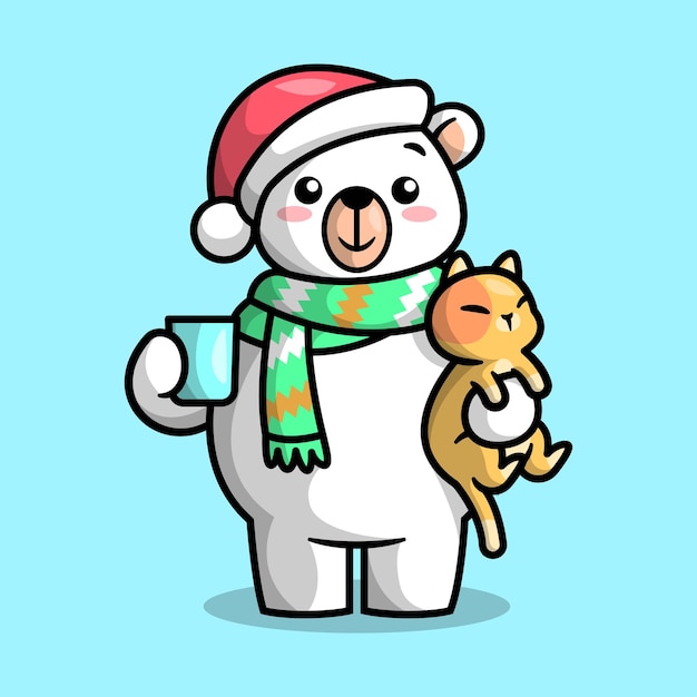 Un simpatico orso polare è in piedi e tiene in mano un simpatico gatto illustrazione di natale sveglia