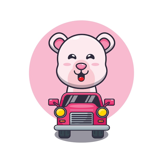 かわいいシロクマのマスコット漫画のキャラクターが車に乗る