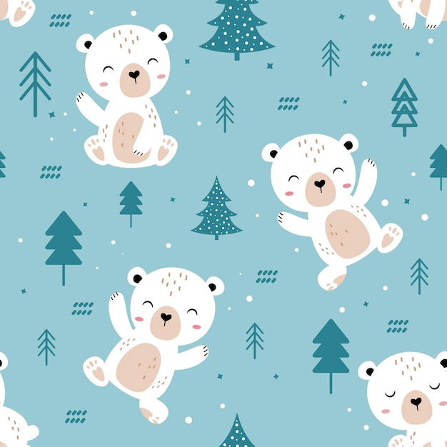 Cute polar bear seamless pattern on blue background. Polar bear, snow and forest element. Kids colle