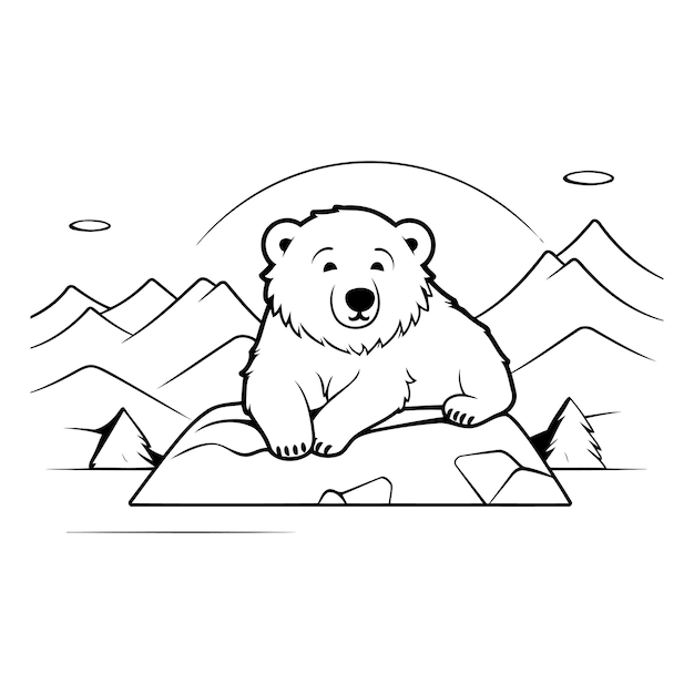 Vector cute polar bear sitting on a rock in the mountains vector illustration