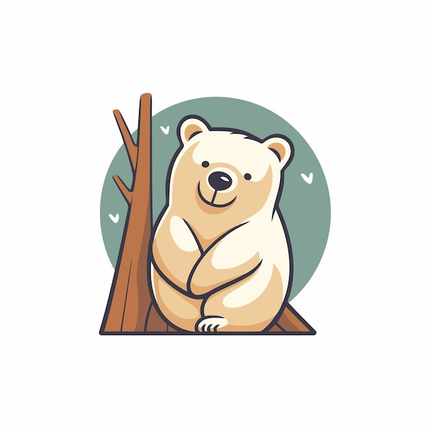 Cute polar bear sitting on a tree Vector illustration in cartoon style