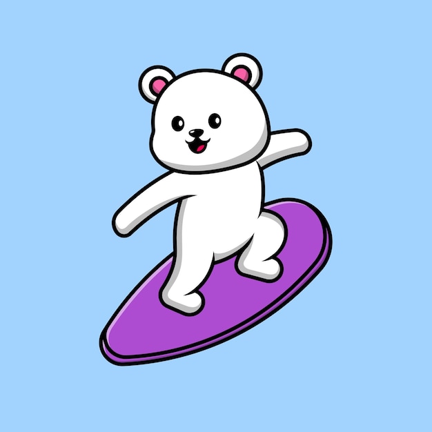 Cute Polar Bear Surfing Cartoon Vector Icon Illustration