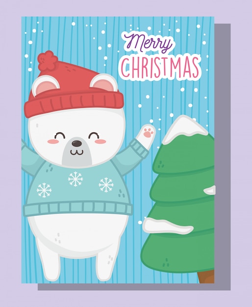 Cute polar bear and tree with snow merry christmas