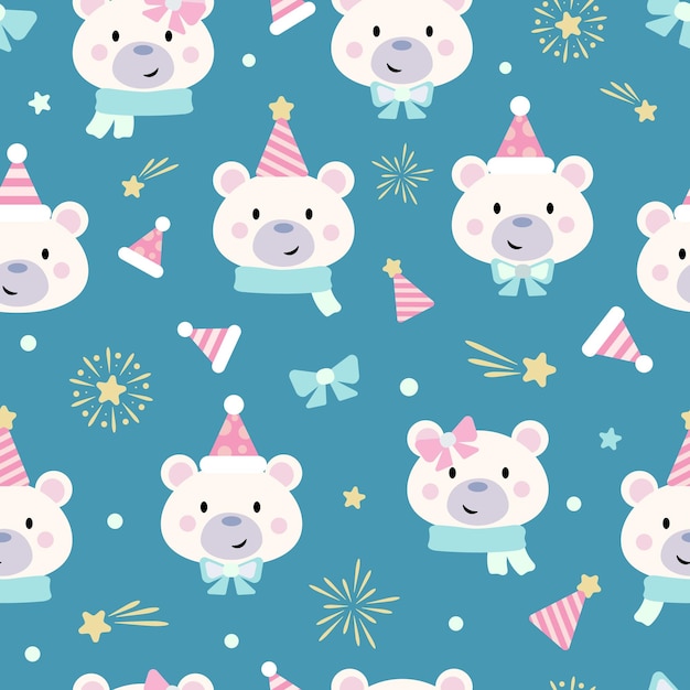 Cute polar bear vector pattern seamless repeating background for the winter holidays festive wallpaper of textile print wrapping paper design