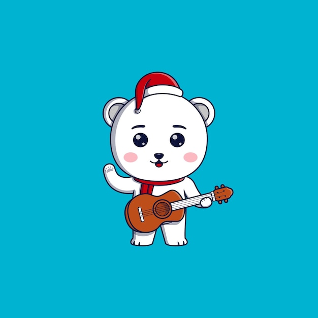 Cute polar bear wearing christmas hat and scarf playing guitar