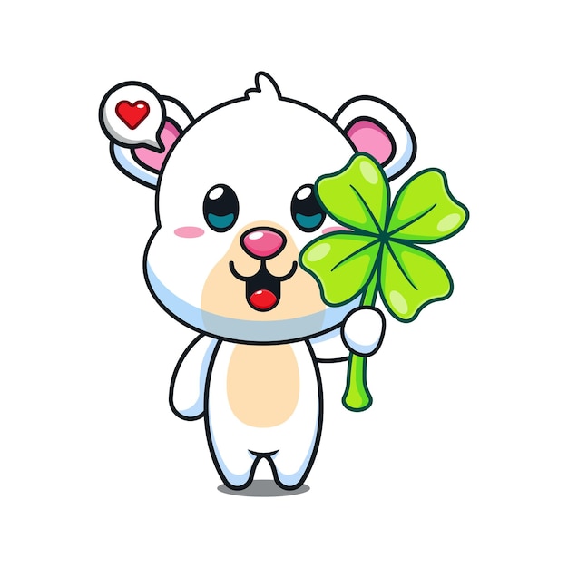 cute polar bear with clover leaf cartoon vector illustration