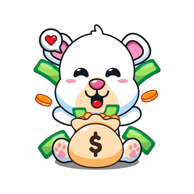 милый белый медведь с денежной сумкой мультяшный векторная иллюстрация