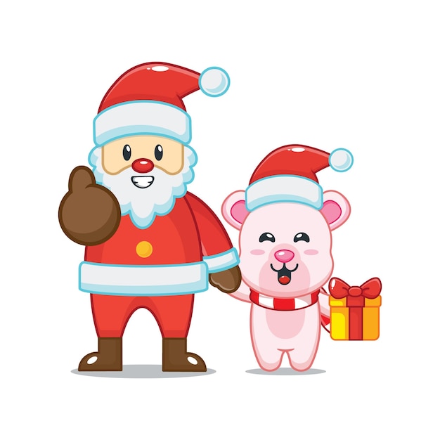 Милый полярный медведь с дедом морозом в рождественский день милая рождественская карикатура