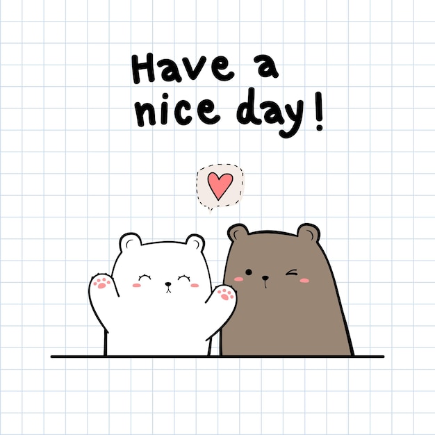 Cute polar and teddy bear couple greeting cartoon doodle on grid background illustration