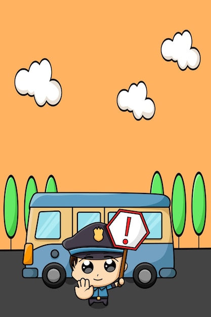 Cute police and blue bus cartoon illustration