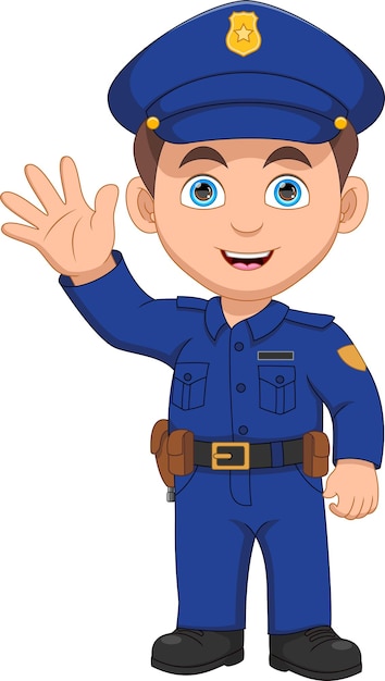 Vector cute police boy waving cartoon