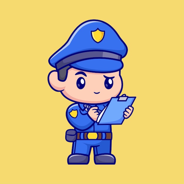 クリップボードを握る可愛い警察 漫画 ベクトル アイコン イラスト 人間 職業 孤立したフラット
