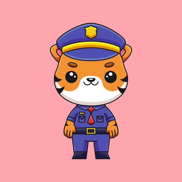 Cute police tiger cartoon doodle art hand drawn concept vector kawaii icon illustration