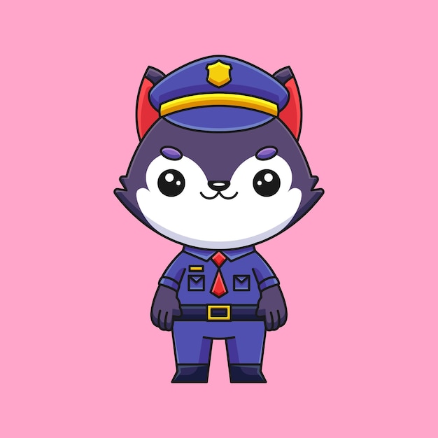 귀여운 경찰 늑대 만화 낙서 예술 손으로 그린 개념 벡터 귀여운 아이콘 그림